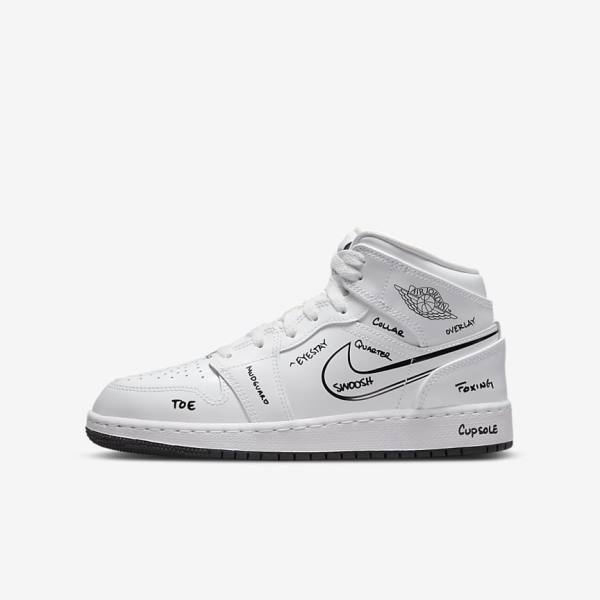 Nike Air Jordan 1 Mid Older Kids\' Jordan Shoes White / Black | NK782PST