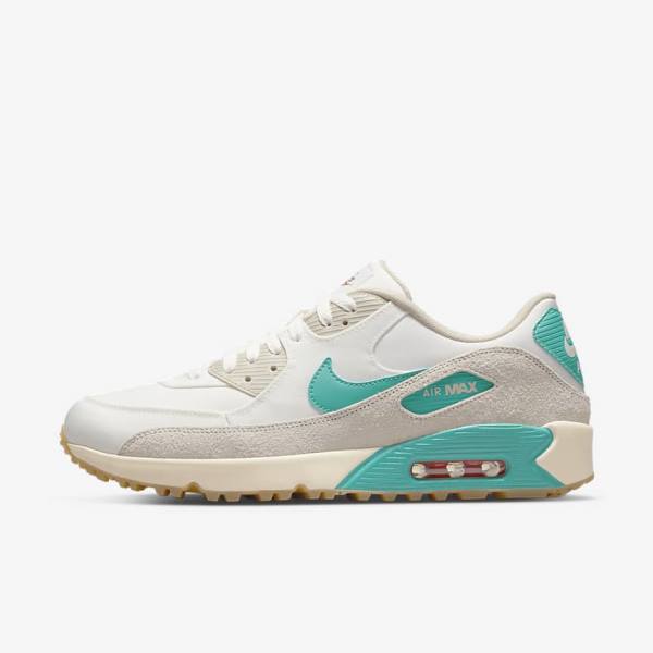 Nike Air Max 90 G Men\'s Golf Shoes White / Light Brown / Turquoise | NK027KHL