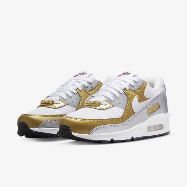 Nike Air Max 90 SE Women's Sneakers White / Metal Gold / Metal Silver / White | NK750MKS