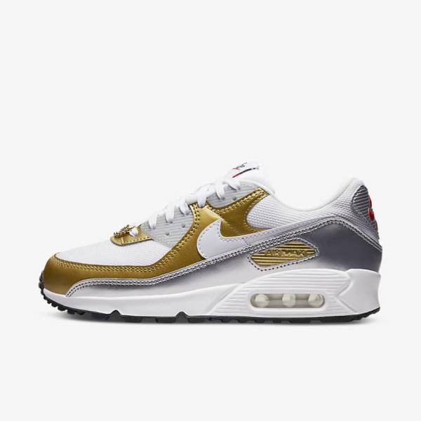 Nike Air Max 90 SE Women\'s Sneakers White / Metal Gold / Metal Silver / White | NK750MKS