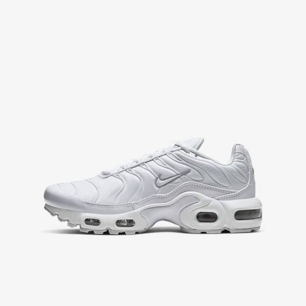 Nike Air Max Plus Older Kids\' Sneakers White / Metal Silver / White | NK741HBR