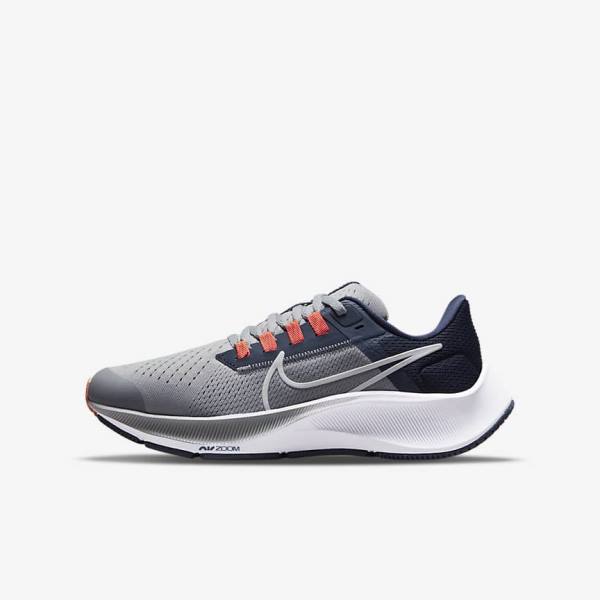 Nike Air Zoom Pegasus 38 Older Road Kids\' Running Shoes Grey / Navy / Orange / White | NK792BUD