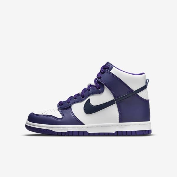 Nike Dunk High Older Kids\' Sneakers White / Purple / Navy | NK564RJW