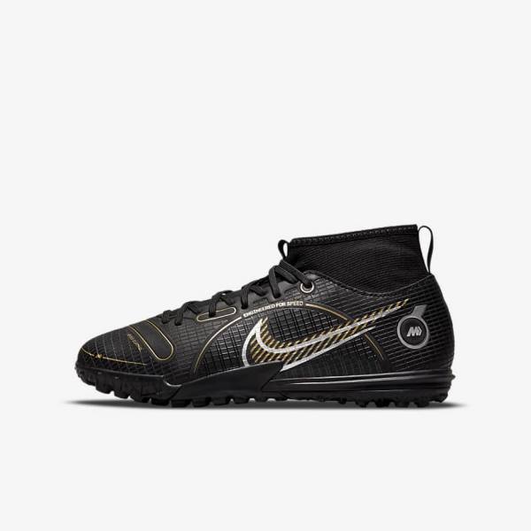 Nike Jr. Mercurial Superfly 8 Academy TF Older Turf Kids\' Football Shoes Black / Metal Silver / Grey / Metal Gold | NK139BJV