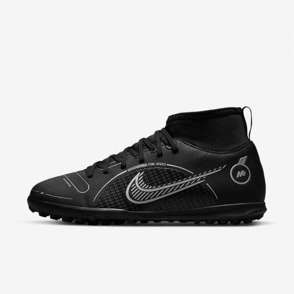 Nike Jr. Mercurial Superfly 8 Club TF Older Turf Kids\' Football Shoes Black / Grey / Metal Silver | NK139TSG