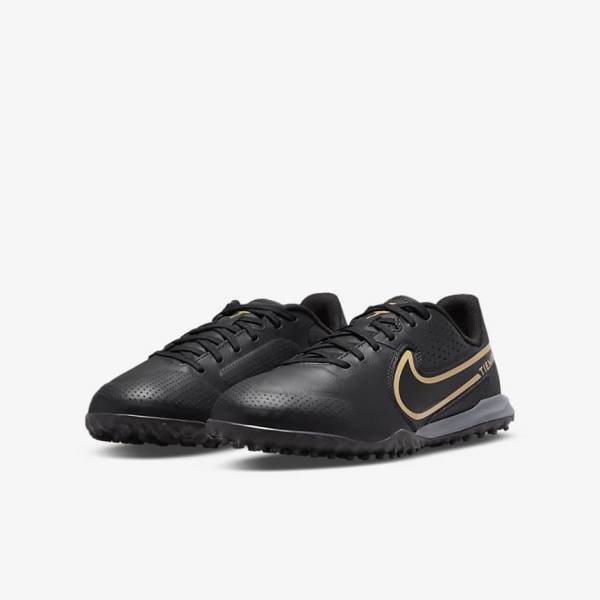 Nike Jr. Tiempo Legend 9 Academy TF Older Turf Kids' Football Shoes Black / Dark Grey / Metal Gold / Black | NK506EMQ