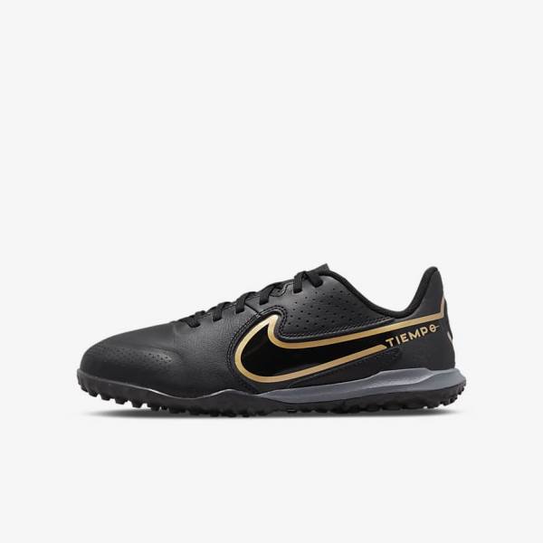 Nike Jr. Tiempo Legend 9 Academy TF Older Turf Kids\' Football Shoes Black / Dark Grey / Metal Gold / Black | NK506EMQ