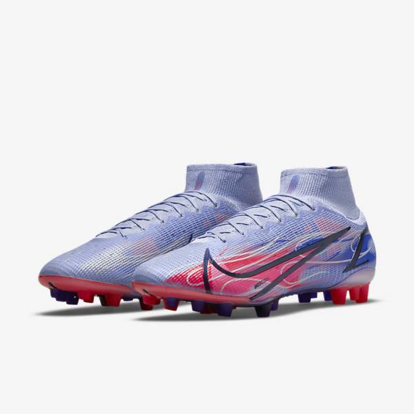 Nike Mercurial Superfly 8 Elite KM AG Artificial-Grass Men's Football Shoes Indigo / Light Red / Metal Silver | NK074MOC