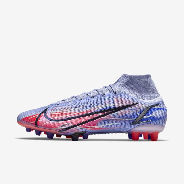 Nike Mercurial Superfly 8 Elite KM AG Artificial-Grass Men\'s Football Shoes Indigo / Light Red / Metal Silver | NK074MOC