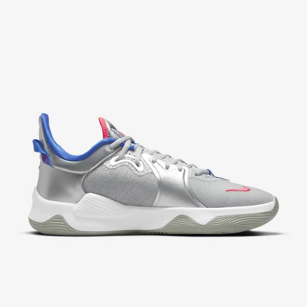 Nike PG 5 Men's Basketball Shoes Metal Silver / Royal / Red | NK192FWL