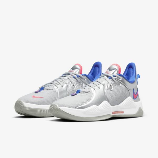 Nike PG 5 Men's Basketball Shoes Metal Silver / Royal / Red | NK192FWL