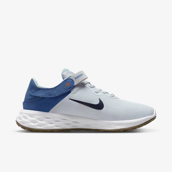 Nike Revolution 6 FlyEase Next Nature Easy-On-And-Off Road (Extra Wide) Men's Running Shoes Platinum / Dark Blue / Blue | NK283JBF