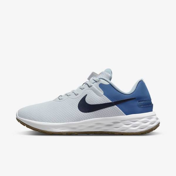 Nike Revolution 6 FlyEase Next Nature Easy-On-And-Off Road (Extra Wide) Men\'s Running Shoes Platinum / Dark Blue / Blue | NK283JBF