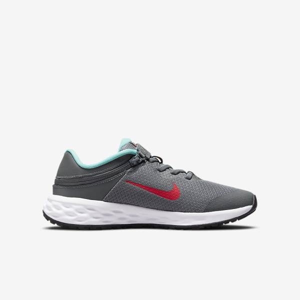 Nike Revolution 6 FlyEase Older Easy On-Off Road Kids' Running Shoes Grey / Turquoise / Red | NK259WUO