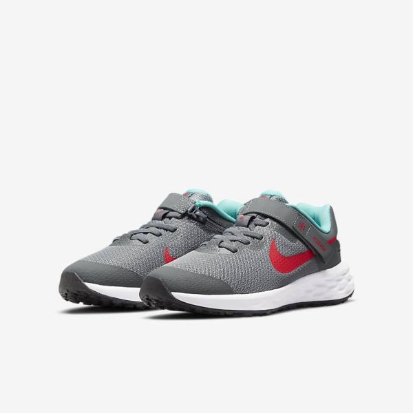 Nike Revolution 6 FlyEase Older Easy On-Off Road Kids' Running Shoes Grey / Turquoise / Red | NK259WUO