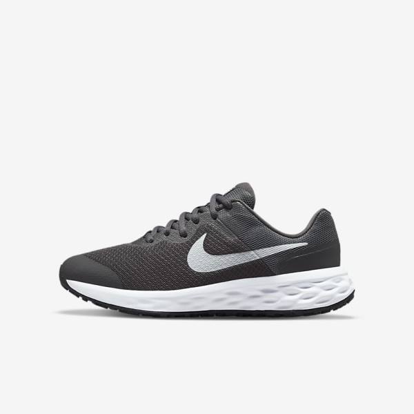 Nike Revolution 6 Older Road Kids\' Running Shoes Grey / White | NK046XKZ