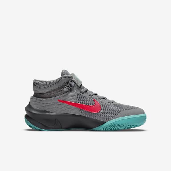 Nike Team Hustle D 10 FlyEase Older Kids' Basketball Shoes Grey / Dark Grey / Turquoise / Red | NK157GQE