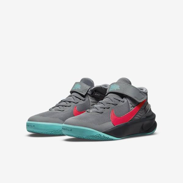 Nike Team Hustle D 10 FlyEase Older Kids' Basketball Shoes Grey / Dark Grey / Turquoise / Red | NK157GQE