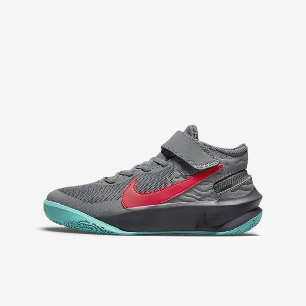 Nike Team Hustle D 10 FlyEase Older Kids\' Basketball Shoes Grey / Dark Grey / Turquoise / Red | NK157GQE