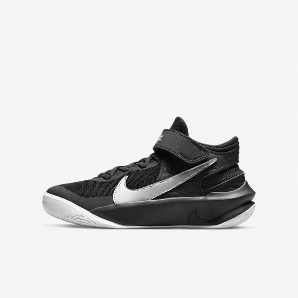 Nike Team Hustle D 10 FlyEase Older Kids\' Basketball Shoes Black / White / Metal Silver | NK791OKB