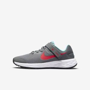 Nike Revolution 6 FlyEase Older Easy On-Off Road Kids' Running Shoes Grey / Turquoise / Red | NK259WUO