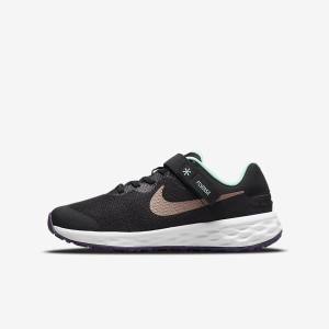 Nike Revolution 6 FlyEase Older Easy On-Off Road Kids' Running Shoes Black / Mint / Purple / Metal Red Brown | NK624UWF