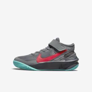 Nike Team Hustle D 10 FlyEase Older Kids' Basketball Shoes Grey / Dark Grey / Turquoise / Red | NK157GQE